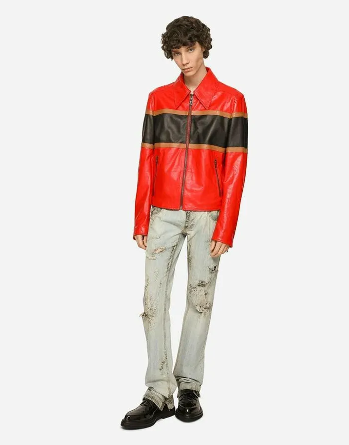 Dolce and Gabbana Coats And Jackets Men Leather Jacket With Contrasting Inserts Multicolor Dolce and Gabbana Coats And Jackets Men Leather Jacket With Contrasting Inserts Multicolor