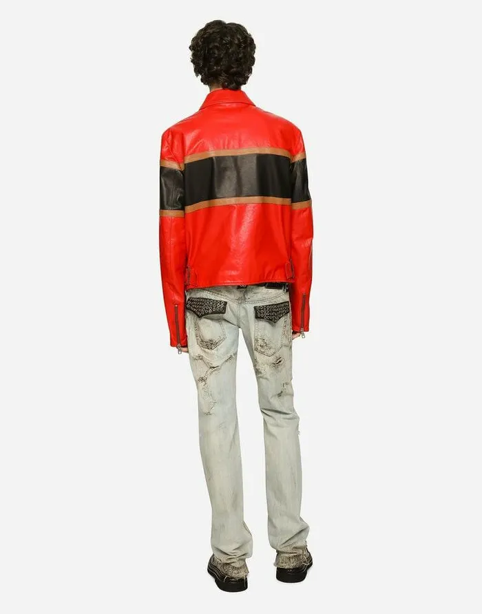 Dolce and Gabbana Coats And Jackets Men Leather Jacket With Contrasting Inserts Multicolor Dolce and Gabbana Coats And Jackets Men Leather Jacket With Contrasting Inserts Multicolor