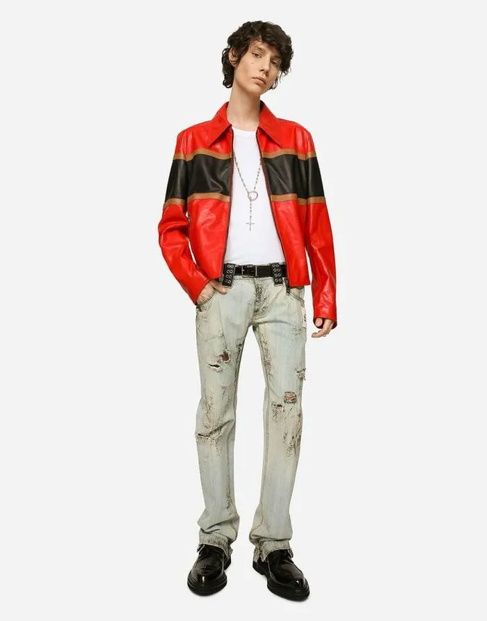 Dolce and Gabbana Coats And Jackets Men Leather Jacket With Contrasting Inserts Multicolor Dolce and Gabbana Coats And Jackets Men Leather Jacket With Contrasting Inserts Multicolor