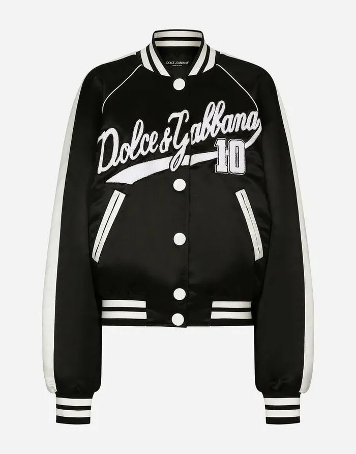 Dolce and Gabbana Coats And Jackets Women Satin Varsity Bomber Jacket With DolceandGabbana Embroidery Black