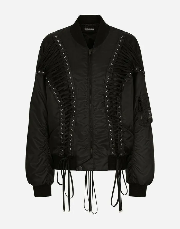 Dolce and Gabbana Coats And Jackets Women Technical Fabric Bomber Jacket With Laces And Eyelets Black