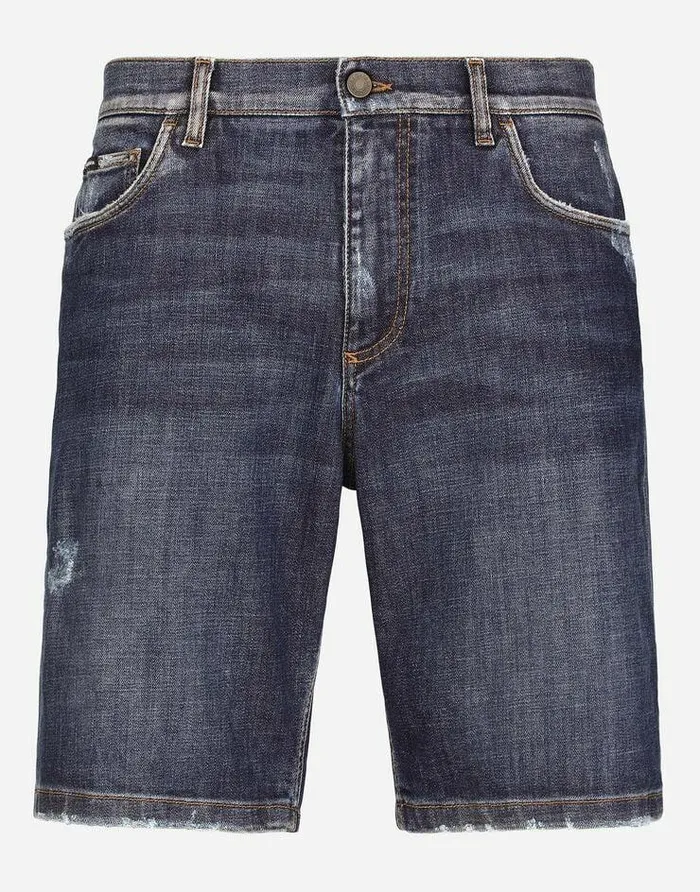 Dolce and Gabbana Denim Men Blue Denim Shorts With Rips And Embroidery Multicolor