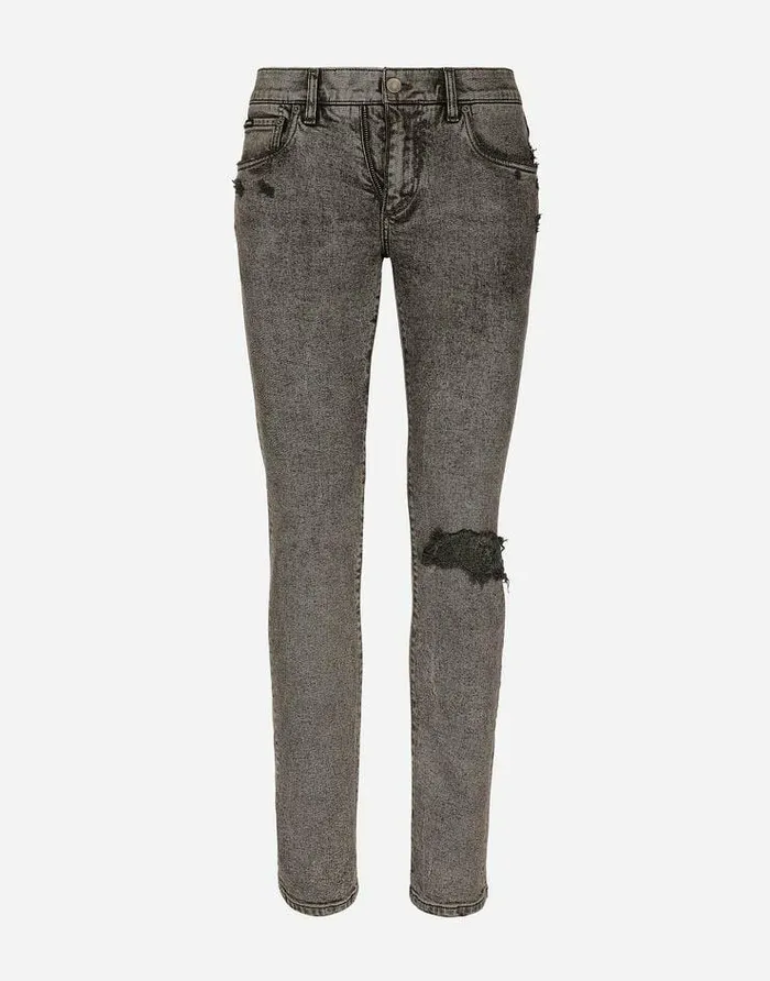 Dolce and Gabbana Denim Men Light Gray Slimfit Stretch Jeans With Rips Multicolor