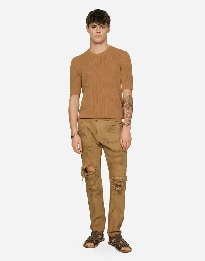 Dolce and Gabbana Denim Men Overdyed Loose Fit Stretch Jeans With Rips Multicolor Dolce and Gabbana Denim Men Overdyed Loose Fit Stretch Jeans With Rips Multicolor
