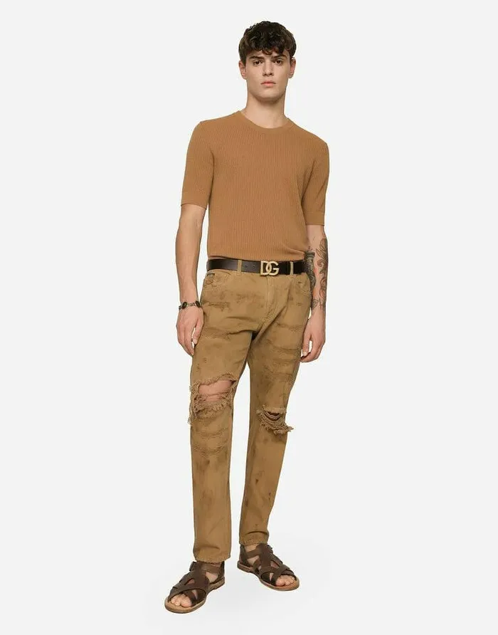 Dolce and Gabbana Denim Men Overdyed Loose Fit Stretch Jeans With Rips Multicolor Dolce and Gabbana Denim Men Overdyed Loose Fit Stretch Jeans With Rips Multicolor