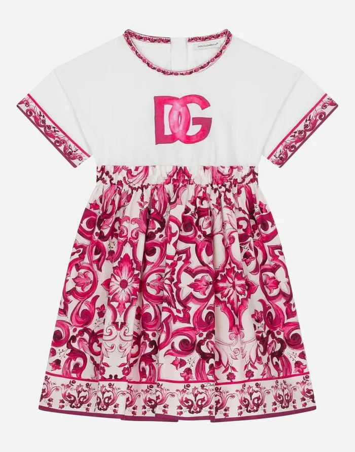 Dolce and Gabbana Dresses Children Majolicaprint Poplin And Jersey Dress Multicolor