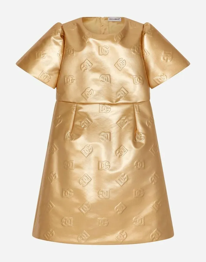 Dolce and Gabbana Dresses Children Short Foiled Jacquard Dress With DG Logo Gold