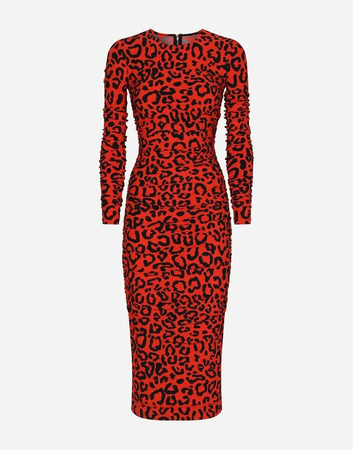 Dolce and Gabbana Dresses Women Leopardprint Jersey Calflength Dress Multicolor