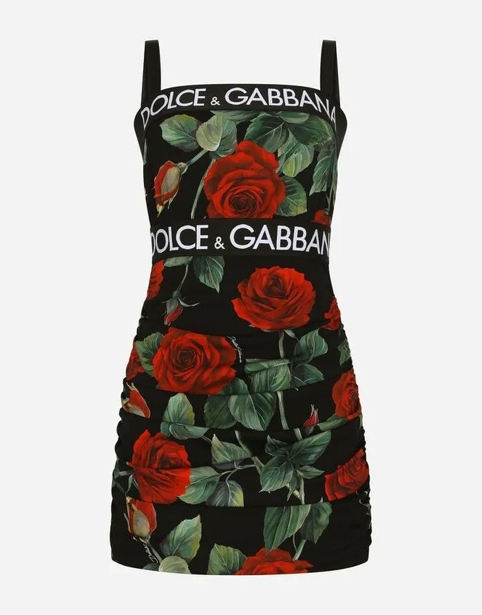 Dolce and Gabbana Dresses Women Short Charmeuse Dress With Red Rose Print Multicolor