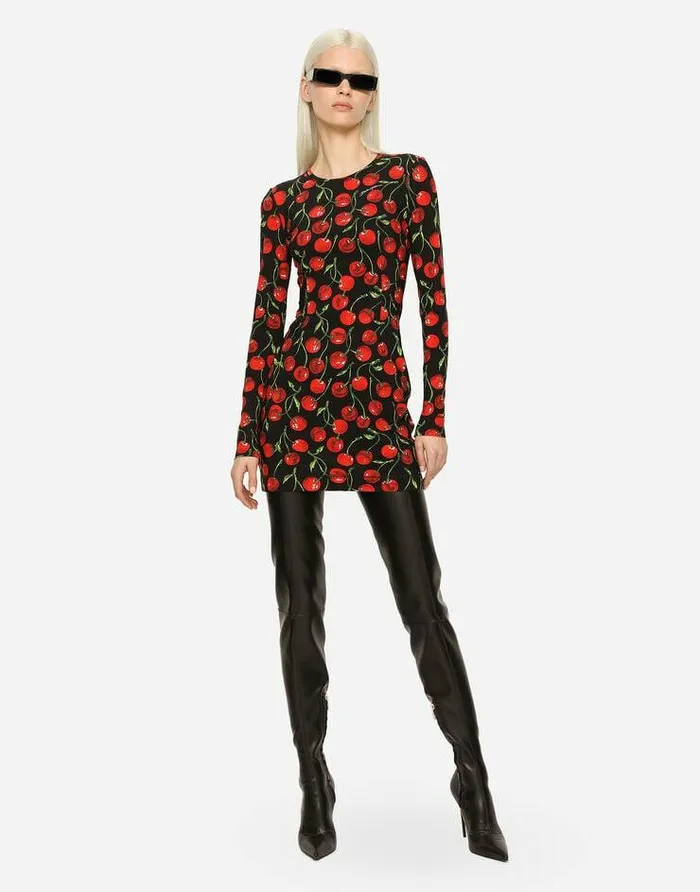 Dolce and Gabbana Dresses Women Short Longsleeved Jersey Dress With Cherry Print Multicolor Dolce and Gabbana Dresses Women Short Longsleeved Jersey Dress With Cherry Print Multicolor
