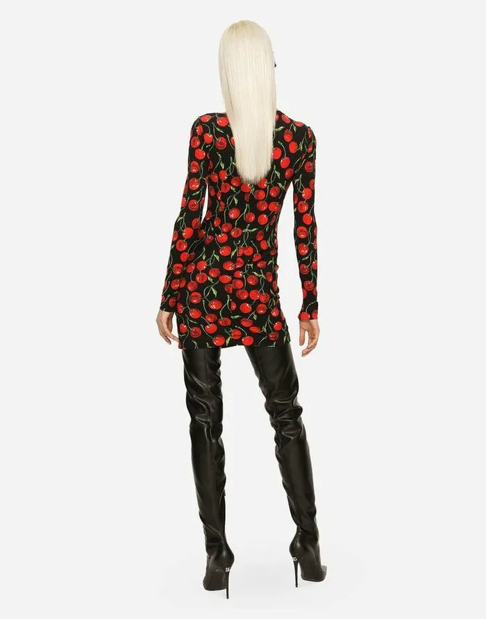 Dolce and Gabbana Dresses Women Short Longsleeved Jersey Dress With Cherry Print Multicolor Dolce and Gabbana Dresses Women Short Longsleeved Jersey Dress With Cherry Print Multicolor