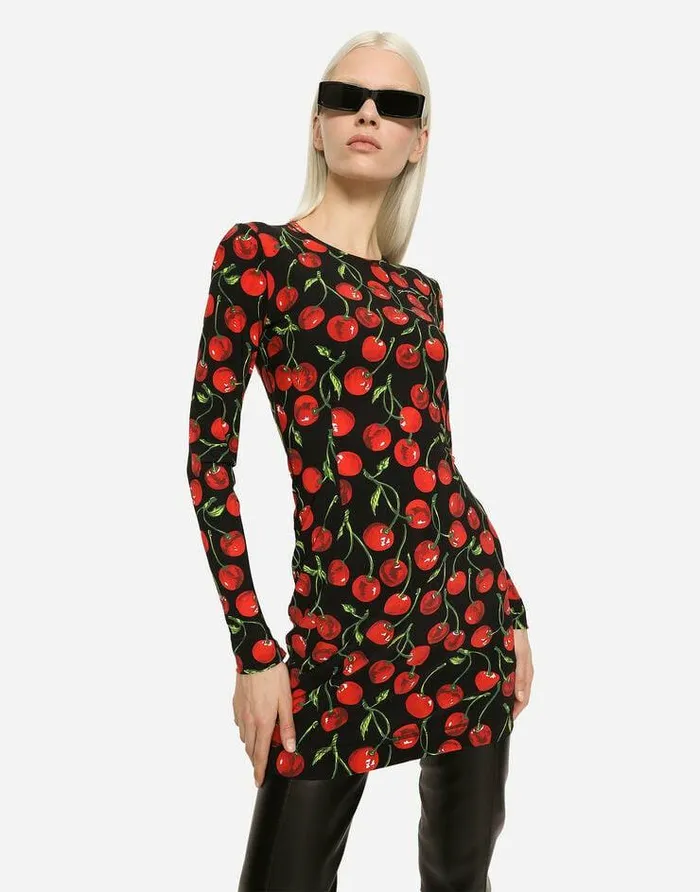 Dolce and Gabbana Dresses Women Short Longsleeved Jersey Dress With Cherry Print Multicolor Dolce and Gabbana Dresses Women Short Longsleeved Jersey Dress With Cherry Print Multicolor
