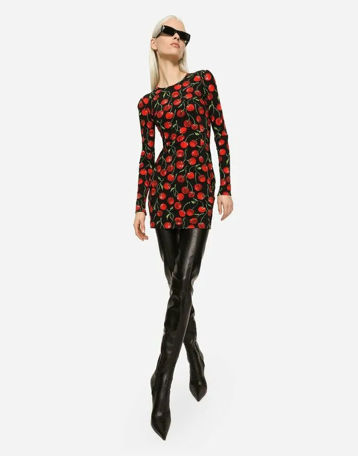 Dolce and Gabbana Dresses Women Short Longsleeved Jersey Dress With Cherry Print Multicolor Dolce and Gabbana Dresses Women Short Longsleeved Jersey Dress With Cherry Print Multicolor