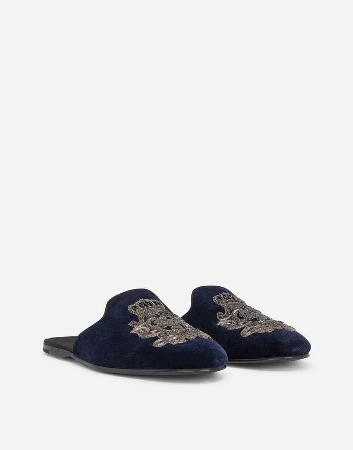 Dolce and Gabbana Loafers And Moccasins Men Velvet Slippers With Coat Of Arms Embroidery Blue Dolce and Gabbana Loafers And Moccasins Men Velvet Slippers With Coat Of Arms Embroidery Blue