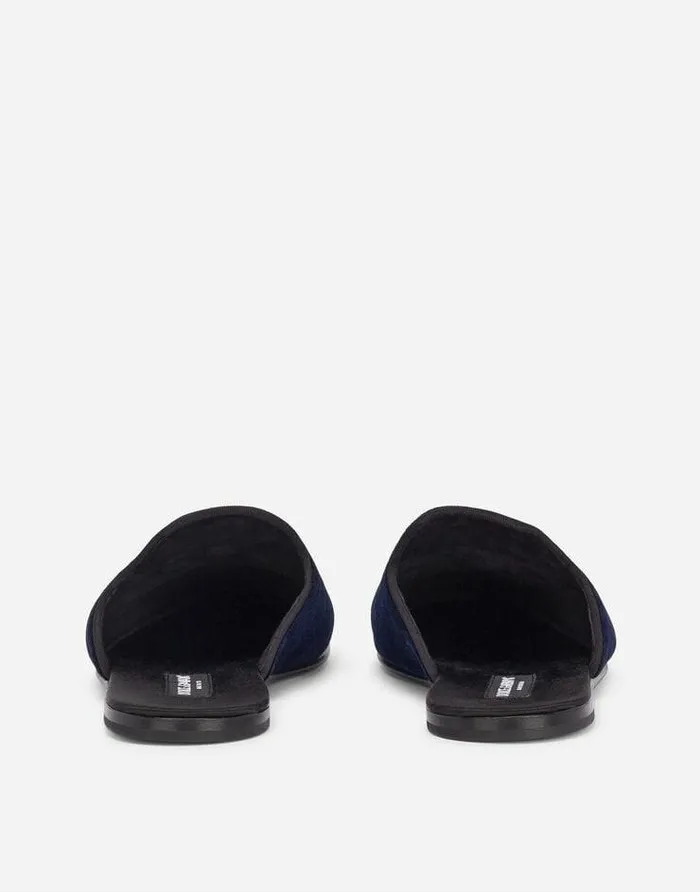 Dolce and Gabbana Loafers And Moccasins Men Velvet Slippers With Coat Of Arms Embroidery Blue Dolce and Gabbana Loafers And Moccasins Men Velvet Slippers With Coat Of Arms Embroidery Blue