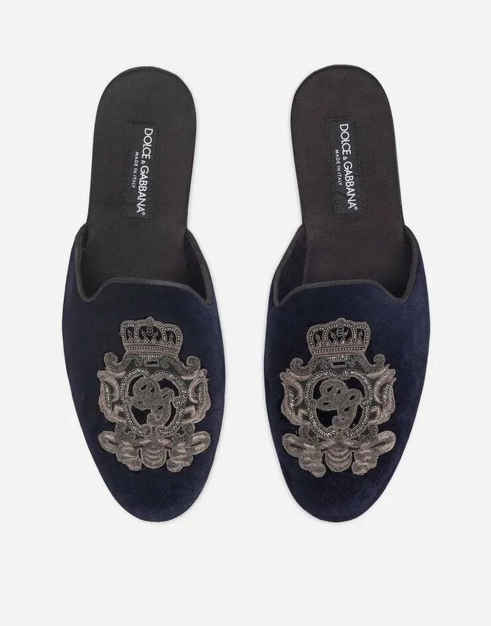 Dolce and Gabbana Loafers And Moccasins Men Velvet Slippers With Coat Of Arms Embroidery Blue Dolce and Gabbana Loafers And Moccasins Men Velvet Slippers With Coat Of Arms Embroidery Blue