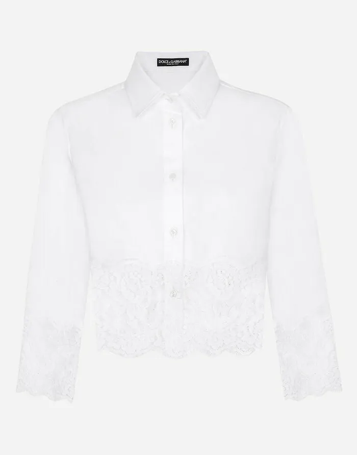 Dolce and Gabbana Shirts And Tops Women Cropped Poplin Shirt With Lace Inserts White