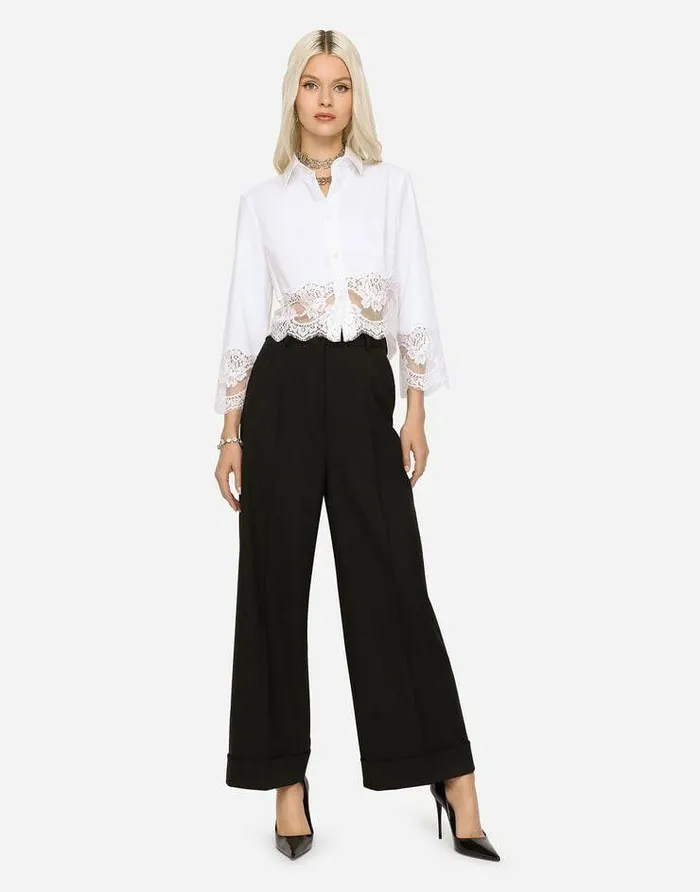 Dolce and Gabbana Shirts And Tops Women Cropped Poplin Shirt With Lace Inserts White Dolce and Gabbana Shirts And Tops Women Cropped Poplin Shirt With Lace Inserts White