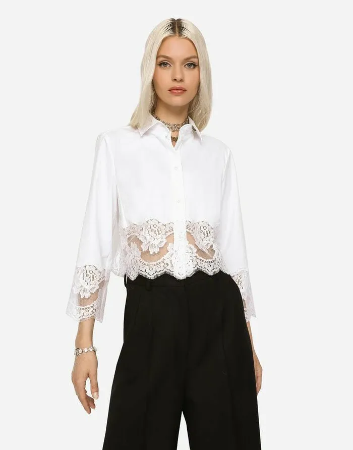 Dolce and Gabbana Shirts And Tops Women Cropped Poplin Shirt With Lace Inserts White Dolce and Gabbana Shirts And Tops Women Cropped Poplin Shirt With Lace Inserts White