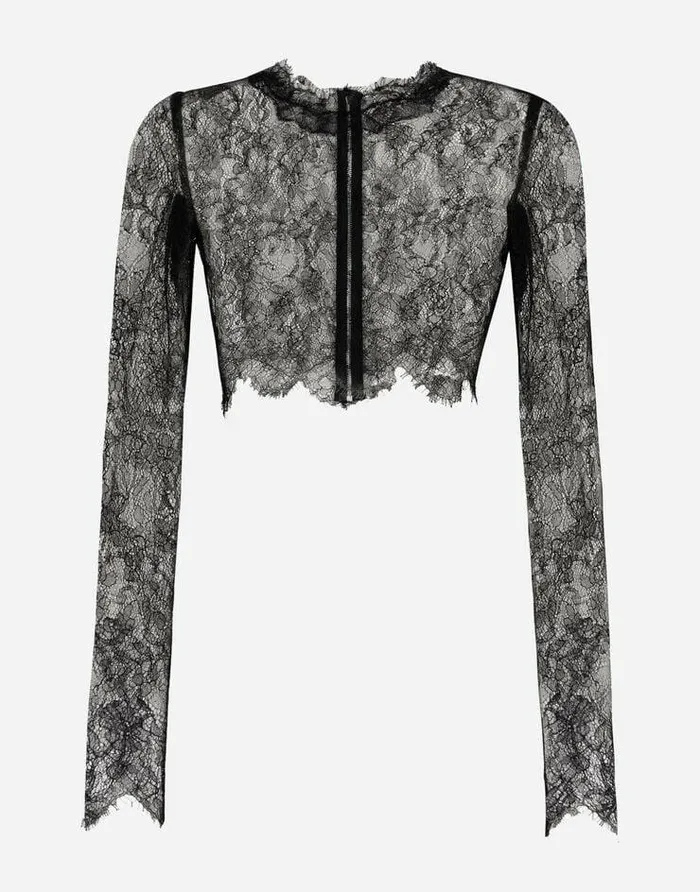 Dolce and Gabbana Shirts And Tops Women Longsleeved Chantilly Lace Crop Top Black