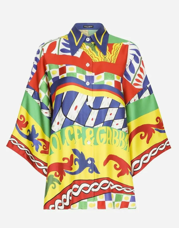 Dolce and Gabbana Shirts And Tops Women Oversized Carrettoprint Twill Shirt Red