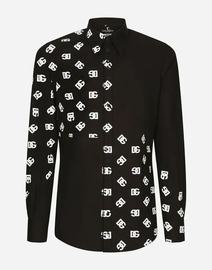Dolce and Gabbana Shirts Men Cotton Martinifit Shirt With DG Logo Print Black