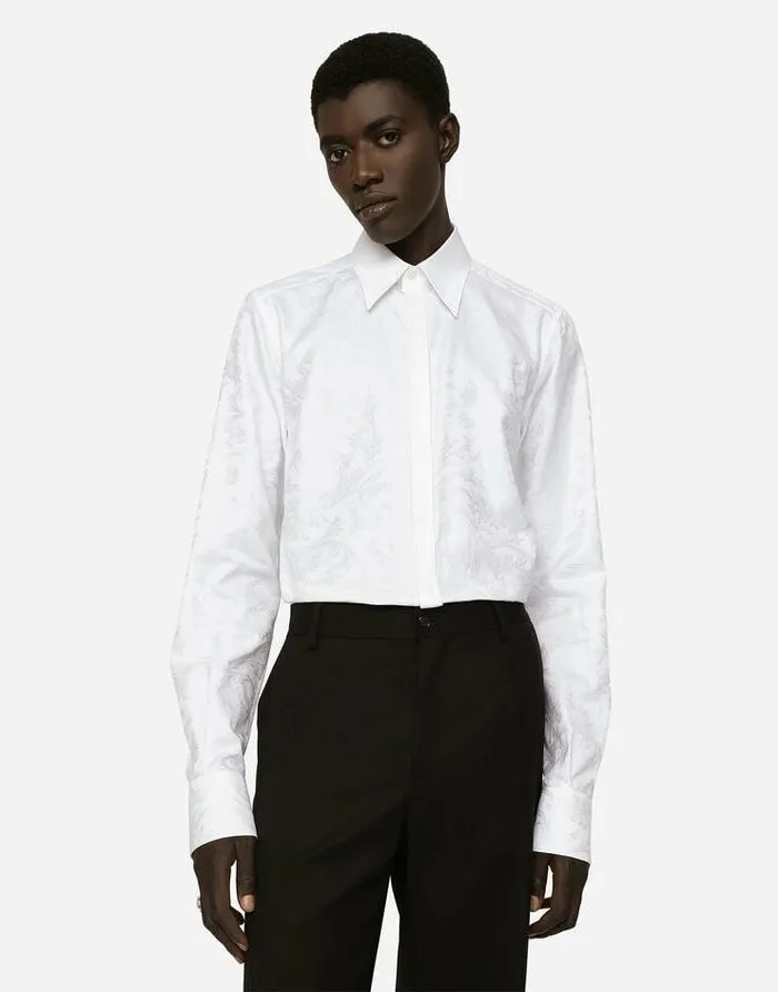 Dolce and Gabbana Shirts Men Floral Cotton Jacquard Martinifit Shirt White Dolce and Gabbana Shirts Men Floral Cotton Jacquard Martinifit Shirt White