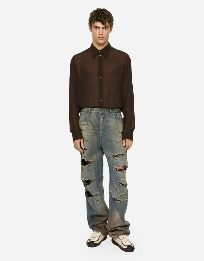 Dolce and Gabbana Shirts Men Oversize Silk Georgette Shirt Brown Dolce and Gabbana Shirts Men Oversize Silk Georgette Shirt Brown