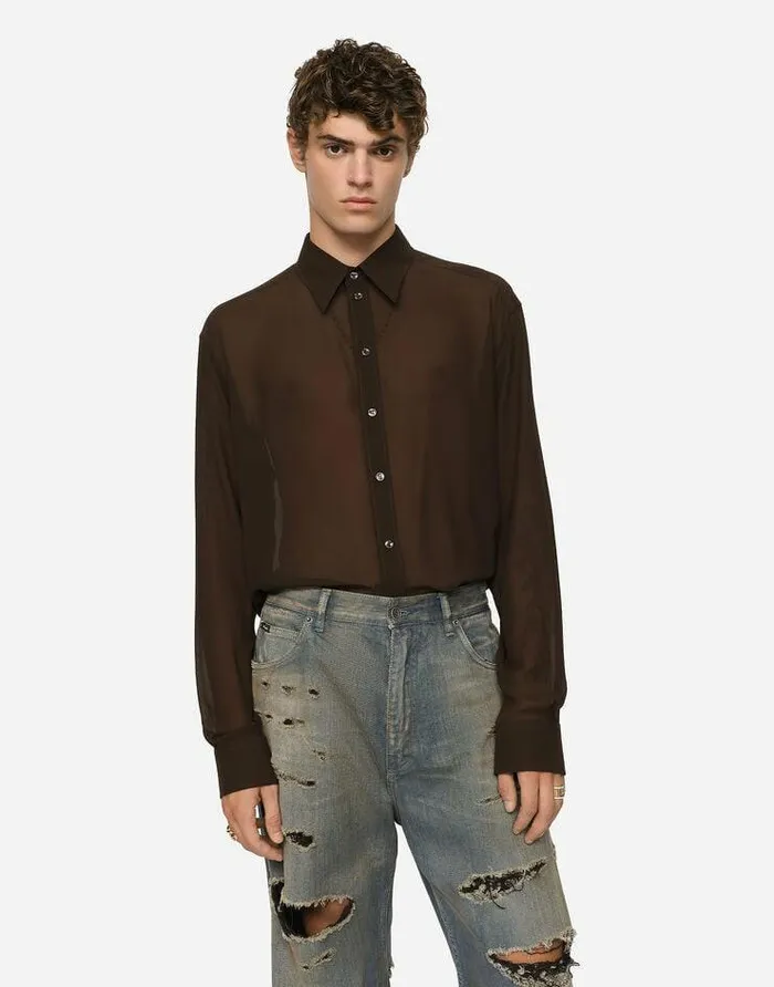 Dolce and Gabbana Shirts Men Oversize Silk Georgette Shirt Brown Dolce and Gabbana Shirts Men Oversize Silk Georgette Shirt Brown