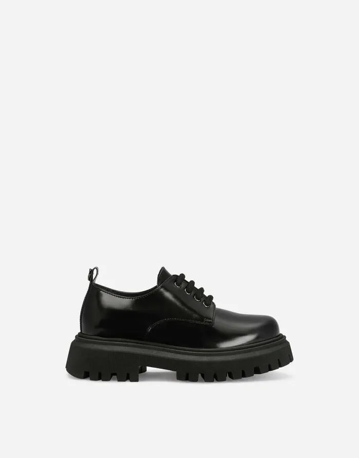 Dolce and Gabbana Shoes 2438 Children Brushed Calfskin Derby Shoes Black
