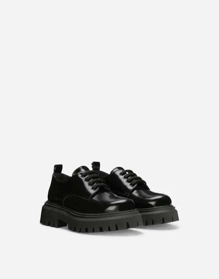 Dolce and Gabbana Shoes 2438 Children Brushed Calfskin Derby Shoes Black Dolce and Gabbana Shoes 2438 Children Brushed Calfskin Derby Shoes Black