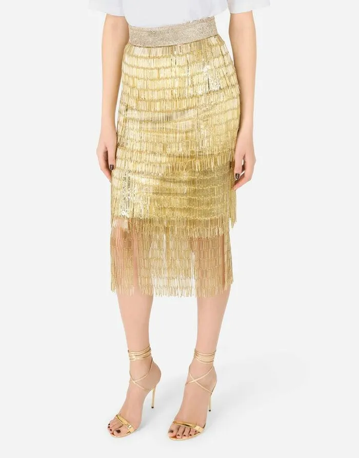 Dolce and Gabbana Skirts Women Lace Midi Skirt With Sequined Fringing Multicolor Dolce and Gabbana Skirts Women Lace Midi Skirt With Sequined Fringing Multicolor