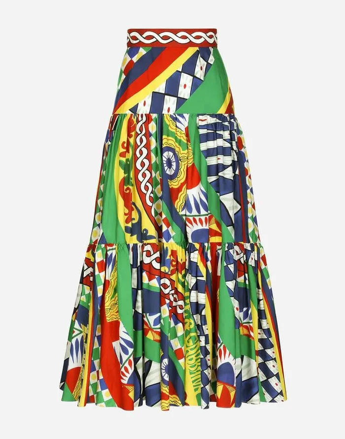 Dolce and Gabbana Skirts Women Long Carrettoprint Poplin Skirt With Ruffles Multicolor