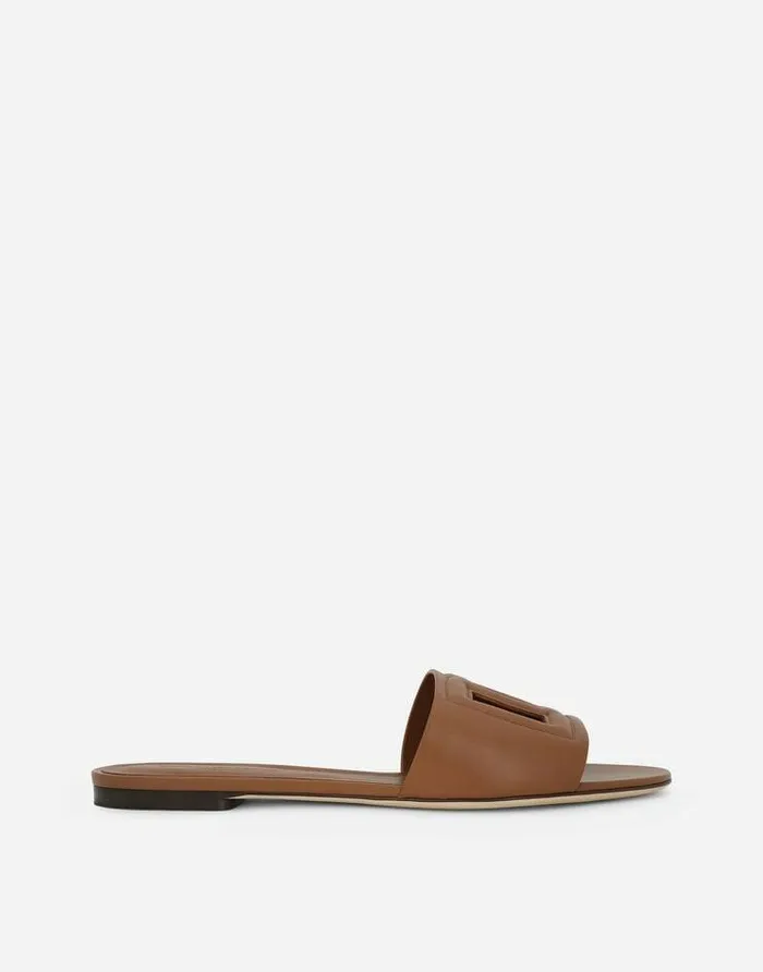 Dolce and Gabbana Slides And Mules Women Calfskin Sliders With DG Logo Brown