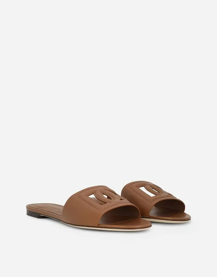 Dolce and Gabbana Slides And Mules Women Calfskin Sliders With DG Logo Brown Dolce and Gabbana Slides And Mules Women Calfskin Sliders With DG Logo Brown