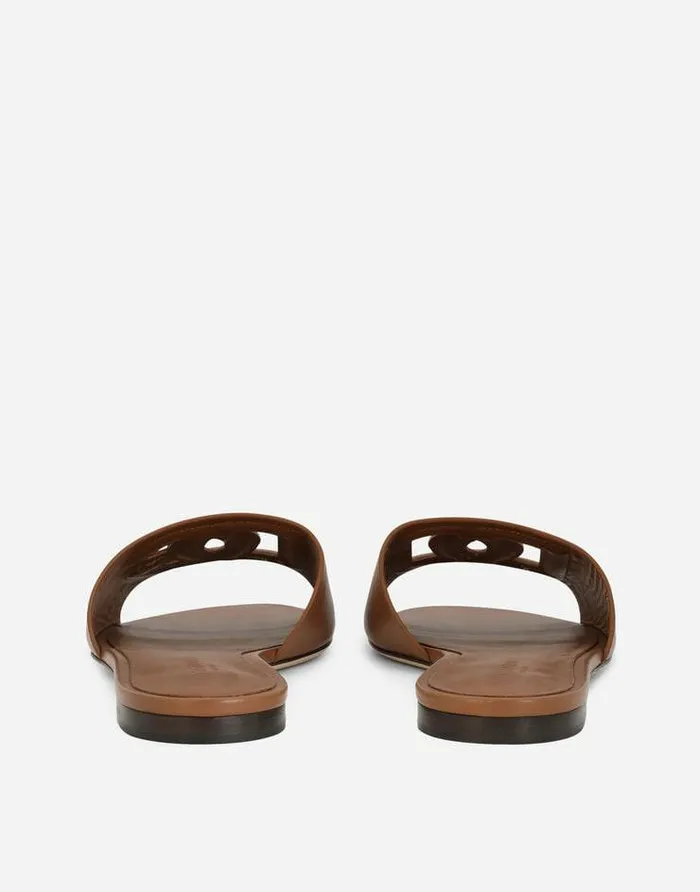 Dolce and Gabbana Slides And Mules Women Calfskin Sliders With DG Logo Brown Dolce and Gabbana Slides And Mules Women Calfskin Sliders With DG Logo Brown