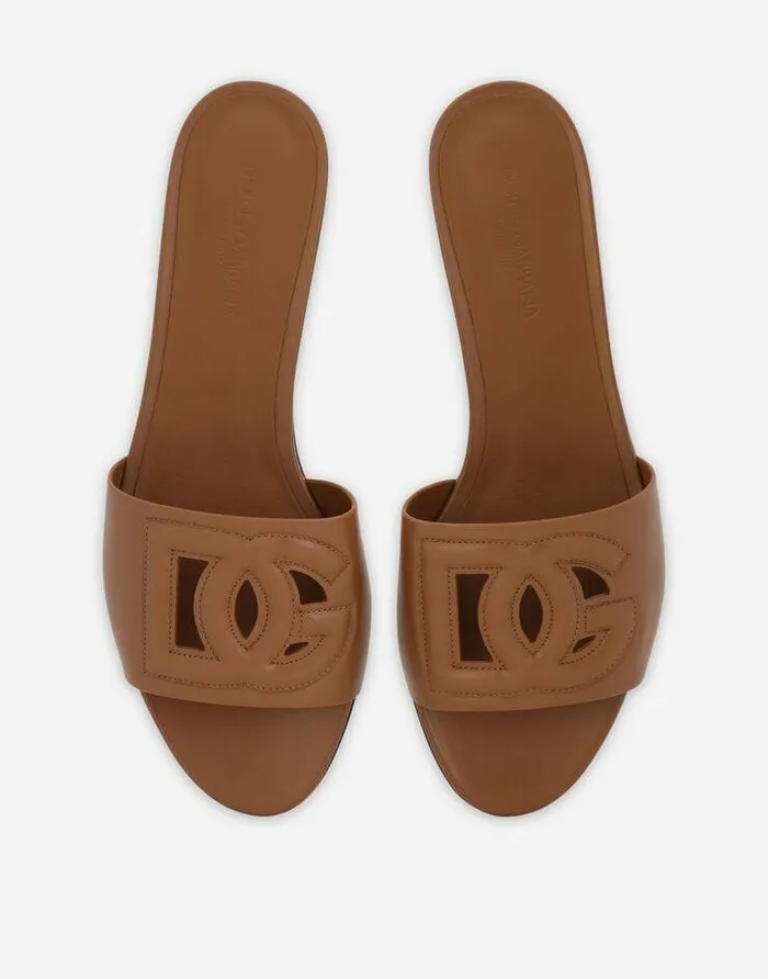 Dolce and Gabbana Slides And Mules Women Calfskin Sliders With DG Logo Brown Dolce and Gabbana Slides And Mules Women Calfskin Sliders With DG Logo Brown