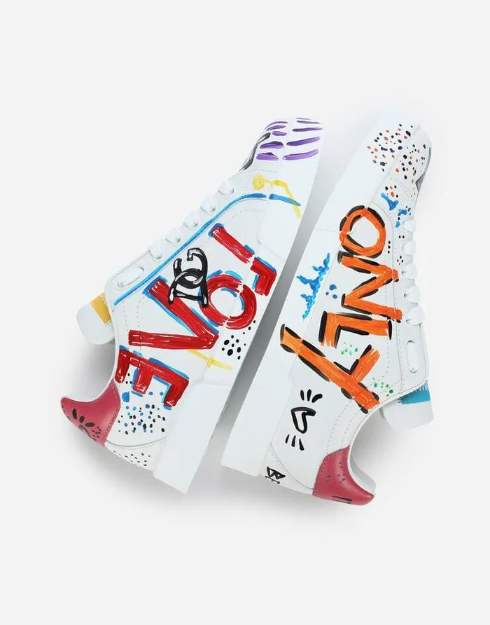 Dolce and Gabbana Sneakers Women Calfskin Portofino Sneakers With Lettering Multicolor Dolce and Gabbana Sneakers Women Calfskin Portofino Sneakers With Lettering Multicolor