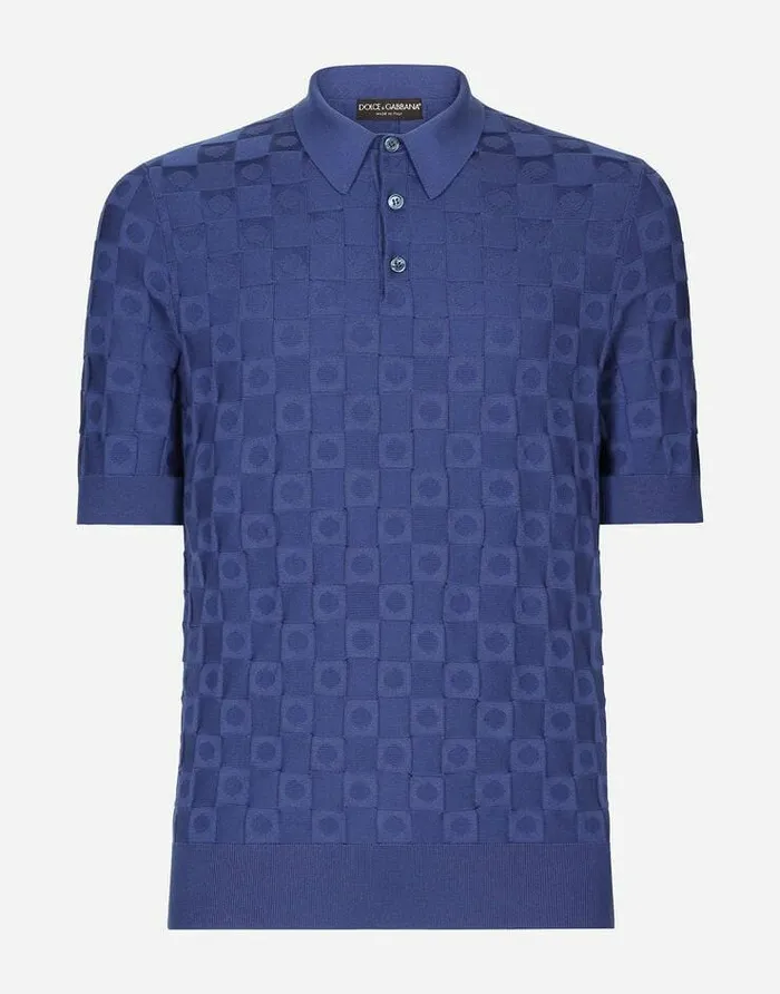 Dolce and Gabbana Sweaters And Cardigans Men 3D Check Silk Jacquard Poloshirt Azure