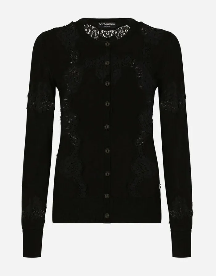 Dolce and Gabbana Sweaters And Cardigans Women Cashmere And Silk Cardigan With Lace Inlay Black Dolce and Gabbana Sweaters And Cardigans Women Cashmere And Silk Cardigan With Lace Inlay Black
