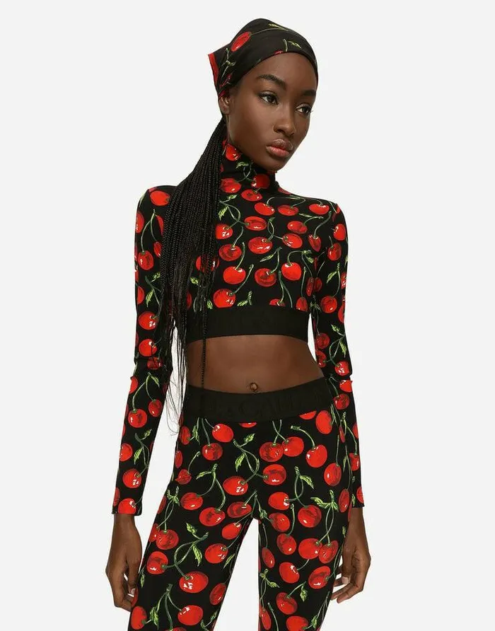 Dolce and Gabbana Sweaters And Cardigans Women Cherryprint Technical Jersey Turtleneck Top With Branded Elastic Multicolor Dolce and Gabbana Sweaters And Cardigans Women Cherryprint Technical Jersey Turtleneck Top With Branded Elastic Multicolor