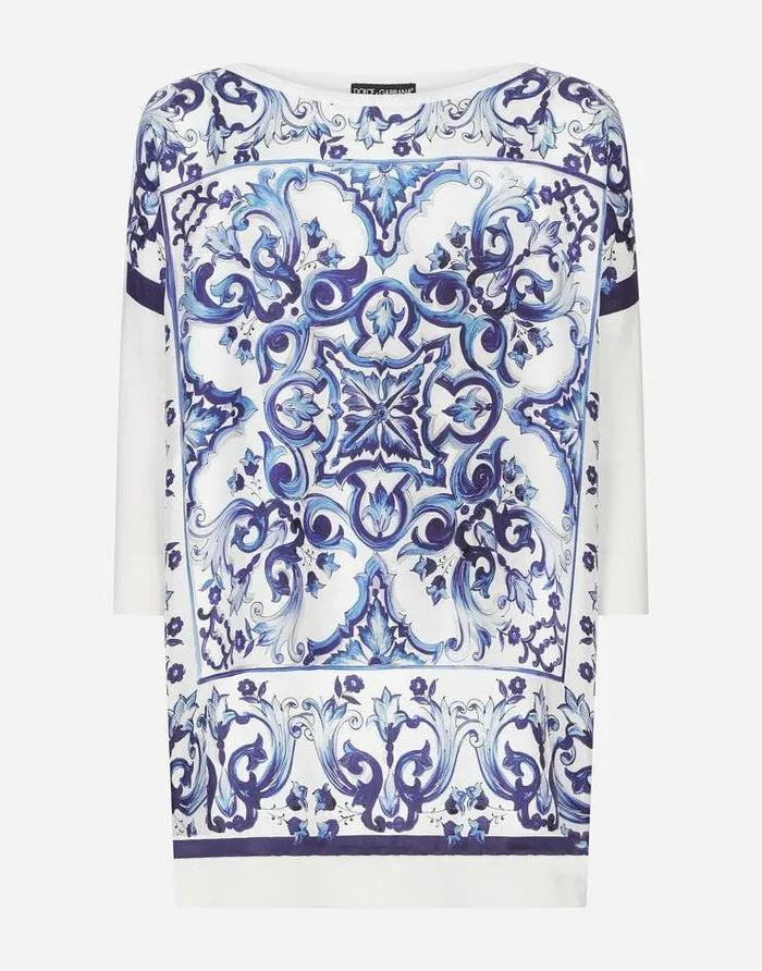 Dolce and Gabbana Sweaters And Cardigans Women Silk Twill Crewneck Pullover With Majolica Print Multicolor