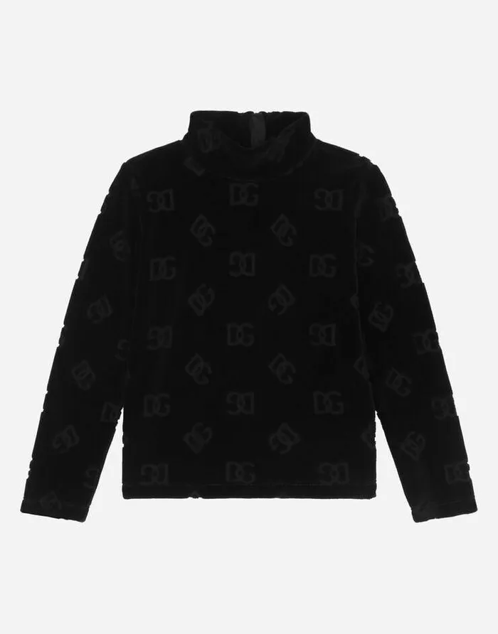 Dolce and Gabbana Sweaters Children Velvet Jacquard Tshirt With DG Logo Black
