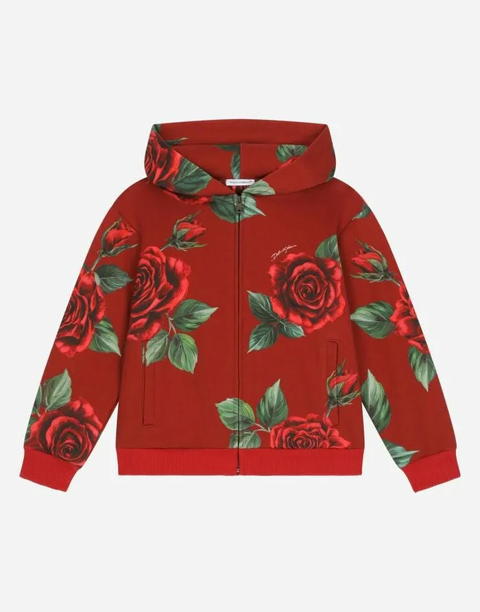 Dolce and Gabbana TShirts And Sweatshirts Children Jersey Hoodie With Rose Print Red