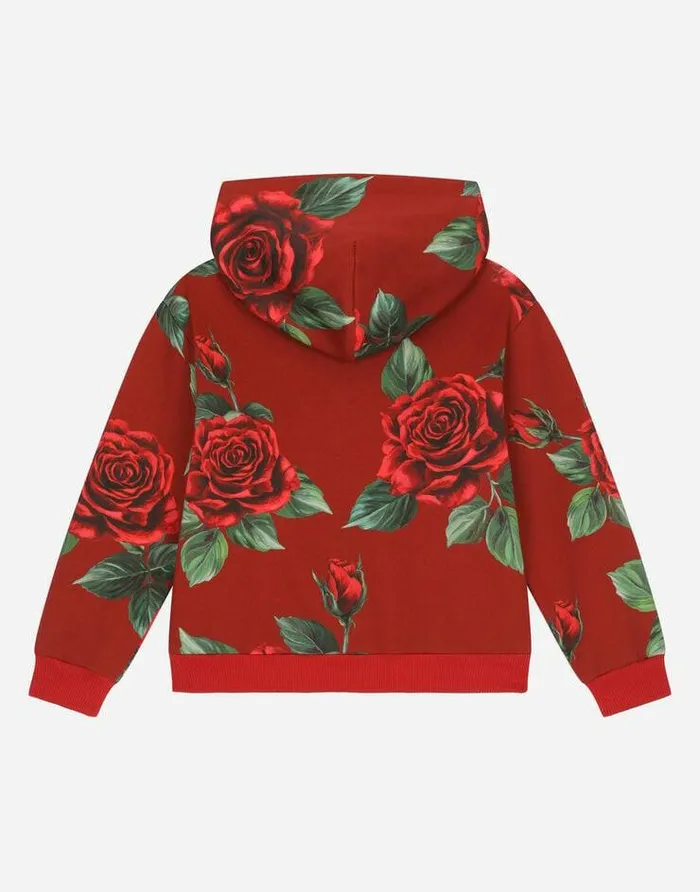 Dolce and Gabbana TShirts And Sweatshirts Children Jersey Hoodie With Rose Print Red Dolce and Gabbana TShirts And Sweatshirts Children Jersey Hoodie With Rose Print Red