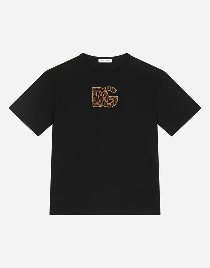 Dolce and Gabbana TShirts And Sweatshirts Children Jersey Tshirt With Leoparddesign DG Patch Black