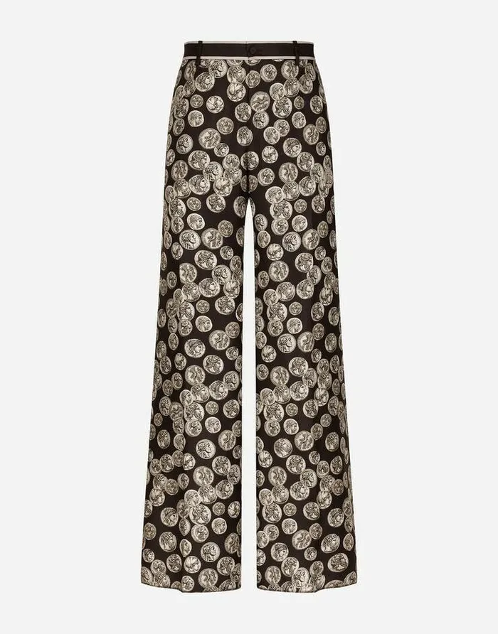 Dolce and Gabbana Trousers And Shorts Men Coin Print Wide Leg Silk Pants Black