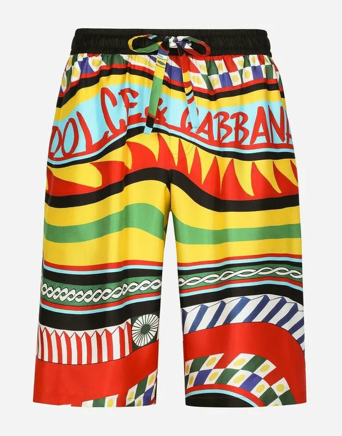 Dolce and Gabbana Trousers And Shorts Men Silk Twill Jogging Shorts With Carretto Print Multicolor Dolce and Gabbana Trousers And Shorts Men Silk Twill Jogging Shorts With Carretto Print Multicolor
