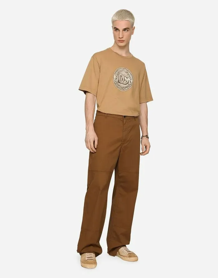 Dolce and Gabbana Trousers And Shorts Men Stretch Cotton Worker Pants With Brand Plate Brown Dolce and Gabbana Trousers And Shorts Men Stretch Cotton Worker Pants With Brand Plate Brown