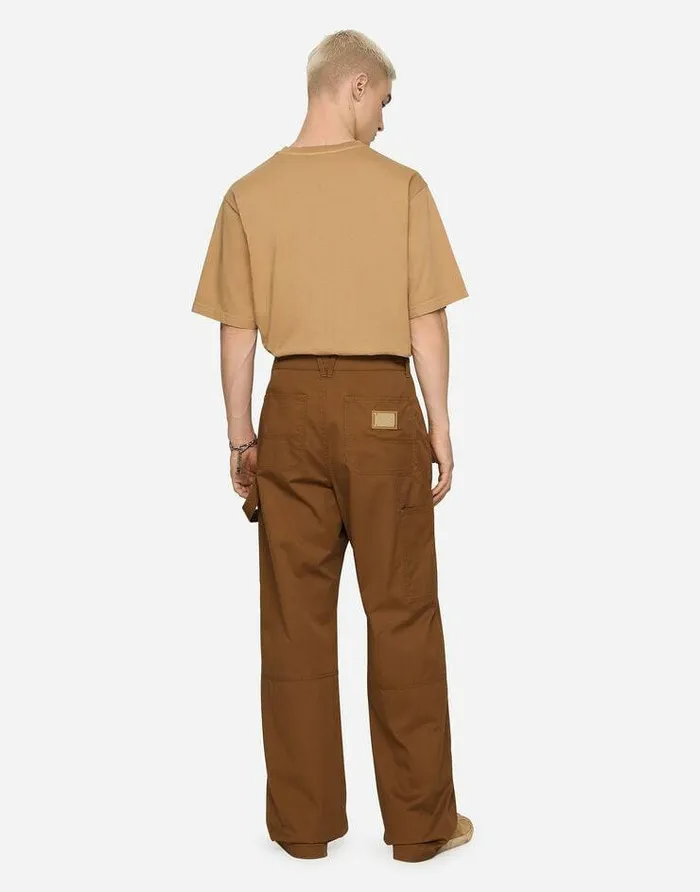 Dolce and Gabbana Trousers And Shorts Men Stretch Cotton Worker Pants With Brand Plate Brown Dolce and Gabbana Trousers And Shorts Men Stretch Cotton Worker Pants With Brand Plate Brown